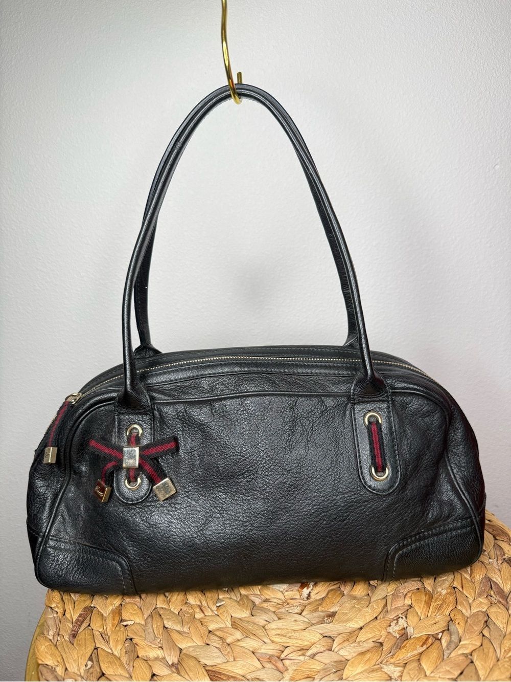 Gucci Princy Bag Black Leather Shoulder Purse Green Red Web Ribbon Detail